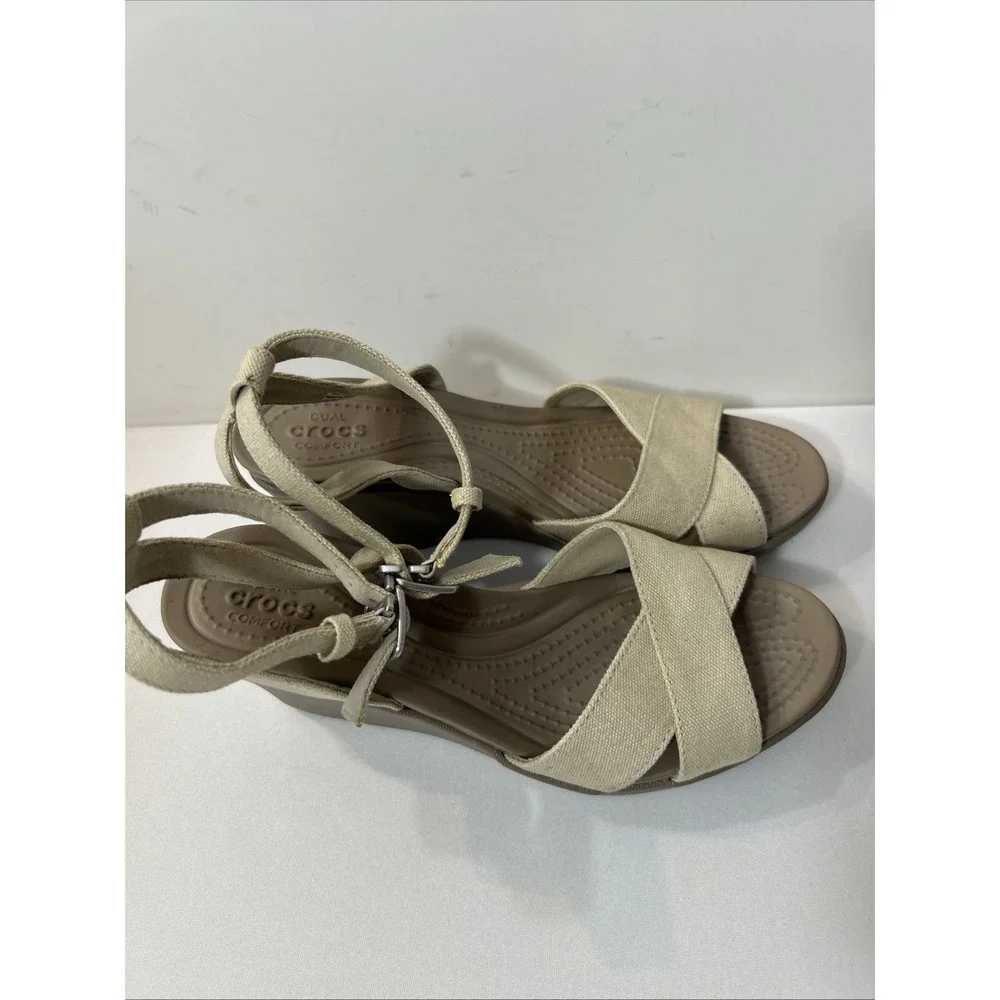 Crocs Women's Sz 6 Leigh II Cross Ankle Strap Wedge Sandals Beige Canvas Comfort